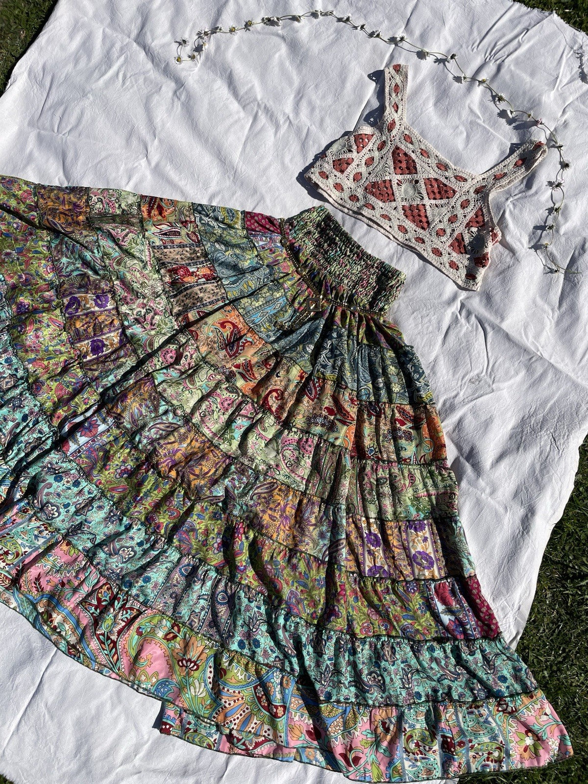 Free Size 6-18 Patchwork Floral Boho Hippy Tiered Midi Gypsy Skirt Funky Threads