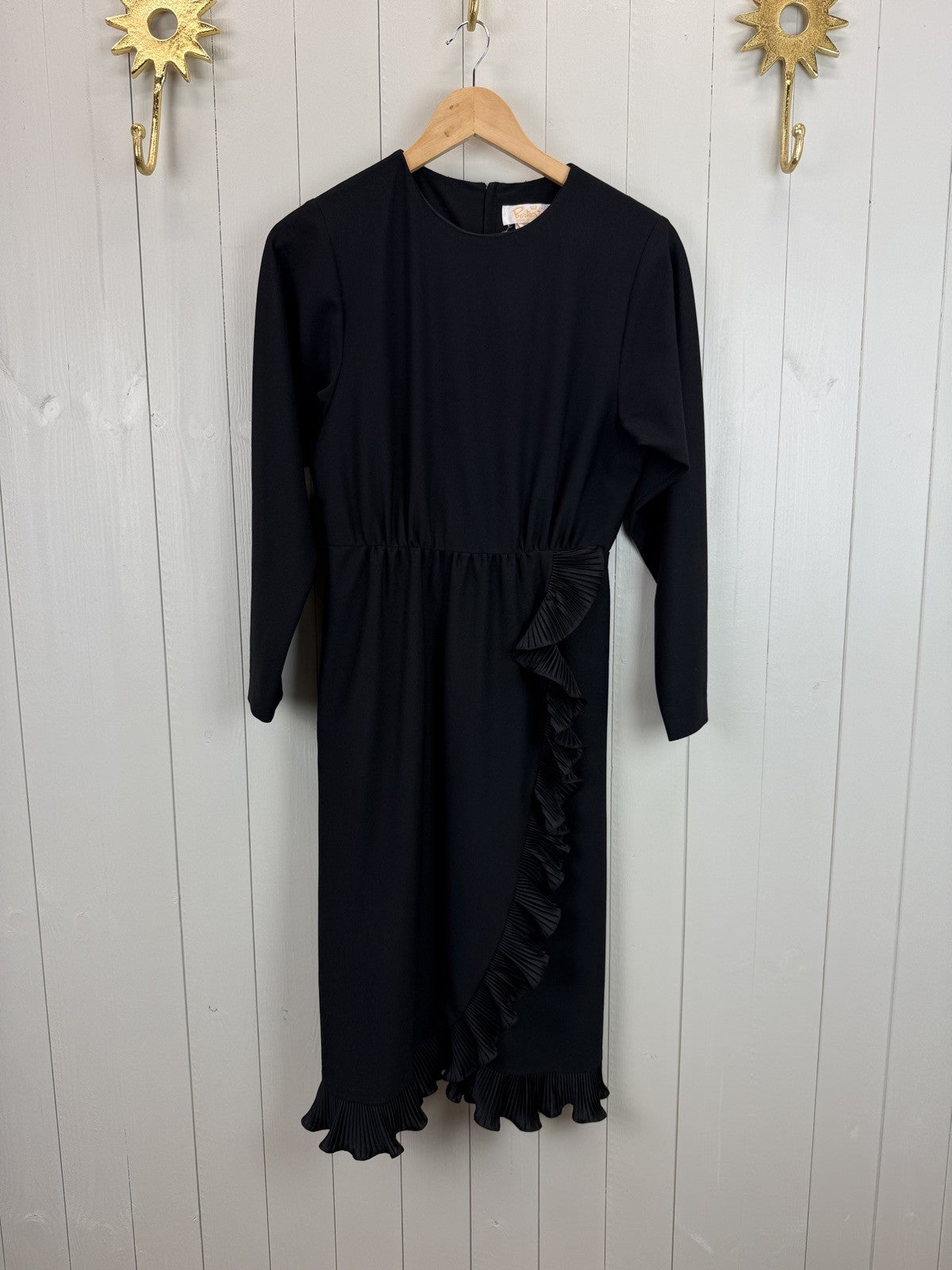 Vintage Size S 8-10 Black Ruffle Wrap Front Midi Dress Berkertex
