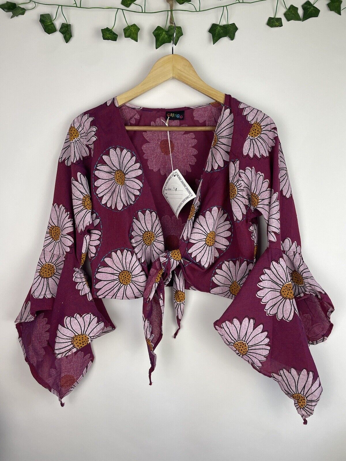 Free Size Pink/Purple Daisy Print Tie Boho Flared Sleeve Cotton Top Gringo