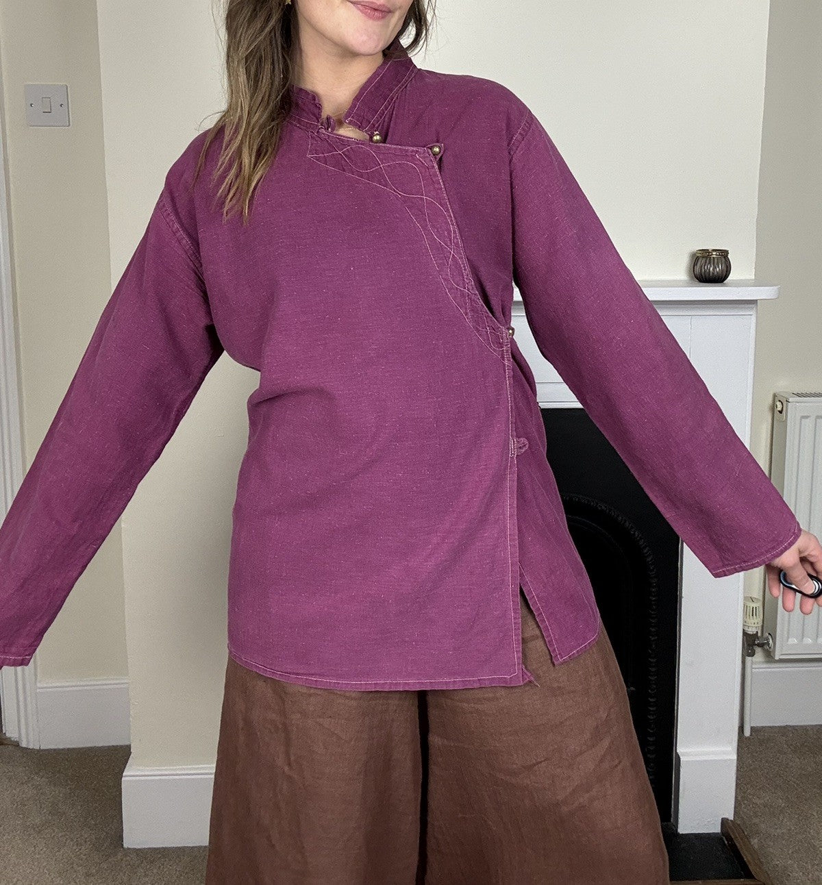 Vintage 70s Size M 6-10 Pink Cotton Side Button Blouse Tunic