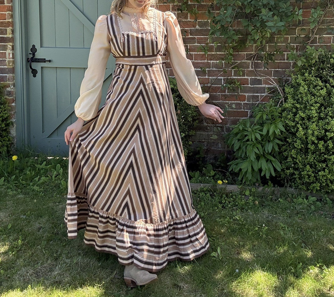 Vintage 1970s Size 8 Brown Striped Cotton Prairie Midi Maxi Dress