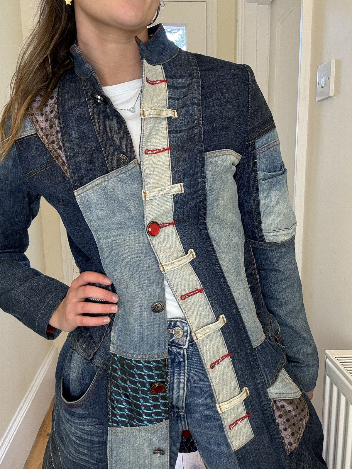 Vintage Size XS 6 & 8 90s Blue Denim Patchwork Desigual Coat