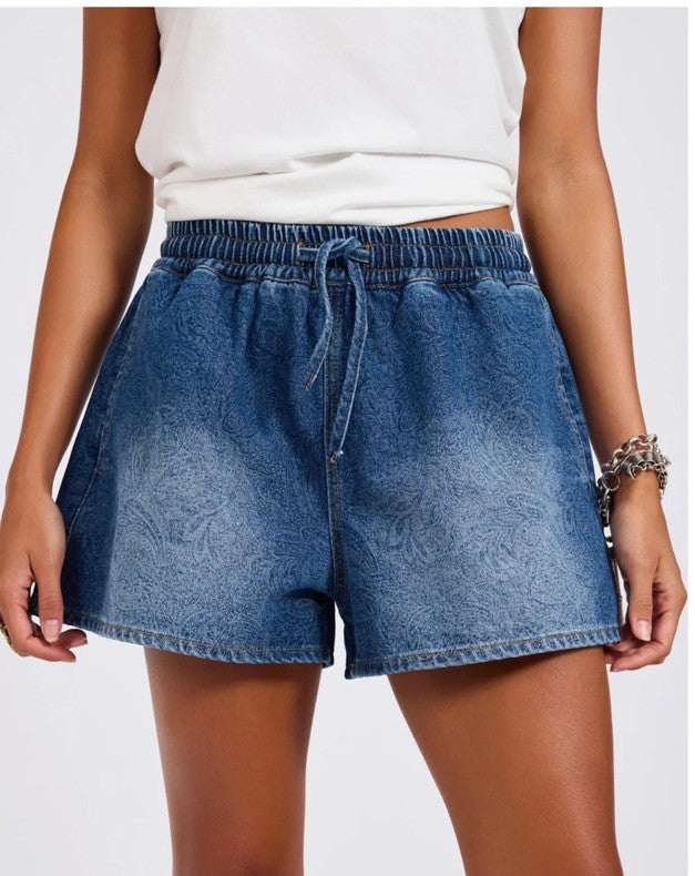 Size XS 6-8 Mid Denim Blue Drawstring Boxer Style Denim Shorts One Teaspoon