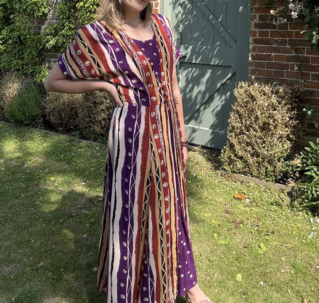 Vintage M 10-12 Boho Hippy Patterned Button Front Midi Dress Cristin Stevens