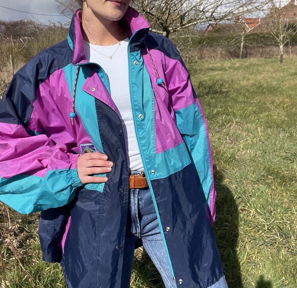 Vintage 90s Size XL 12-20 Multi Colourblock Hooded Raincoat Jeantex