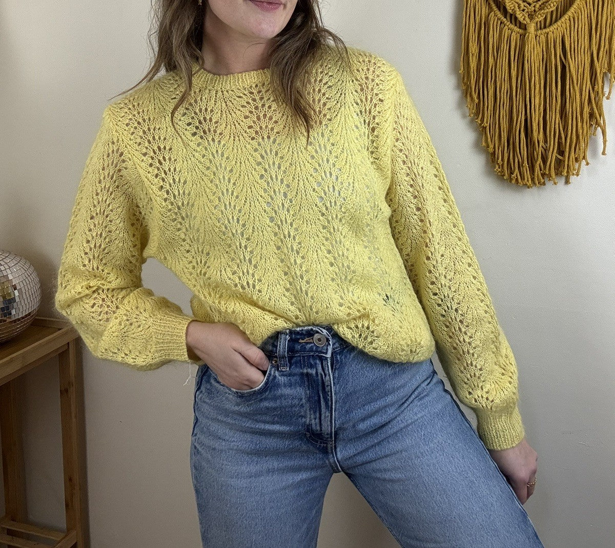 Vintage Handmade Size M 8-14 Yellow Mohair Fine Knit Jumper