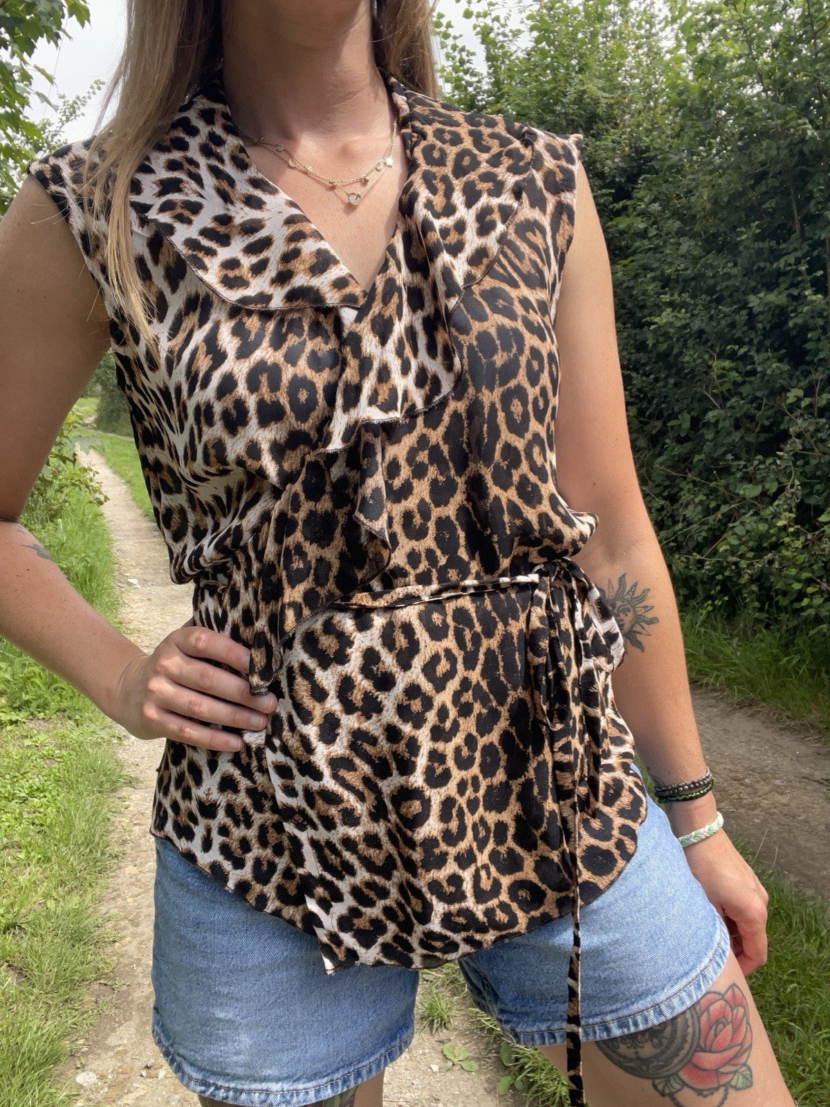 Vintage Free Size 8-16 Brown Leopard Print Ruffle Wrap Blouse Pastello