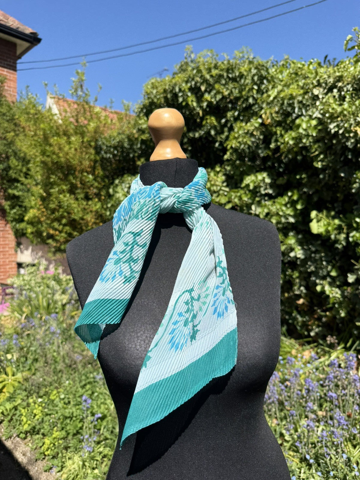 Vintage Japanese Aqua Blue Green Patterned Neck Scarf