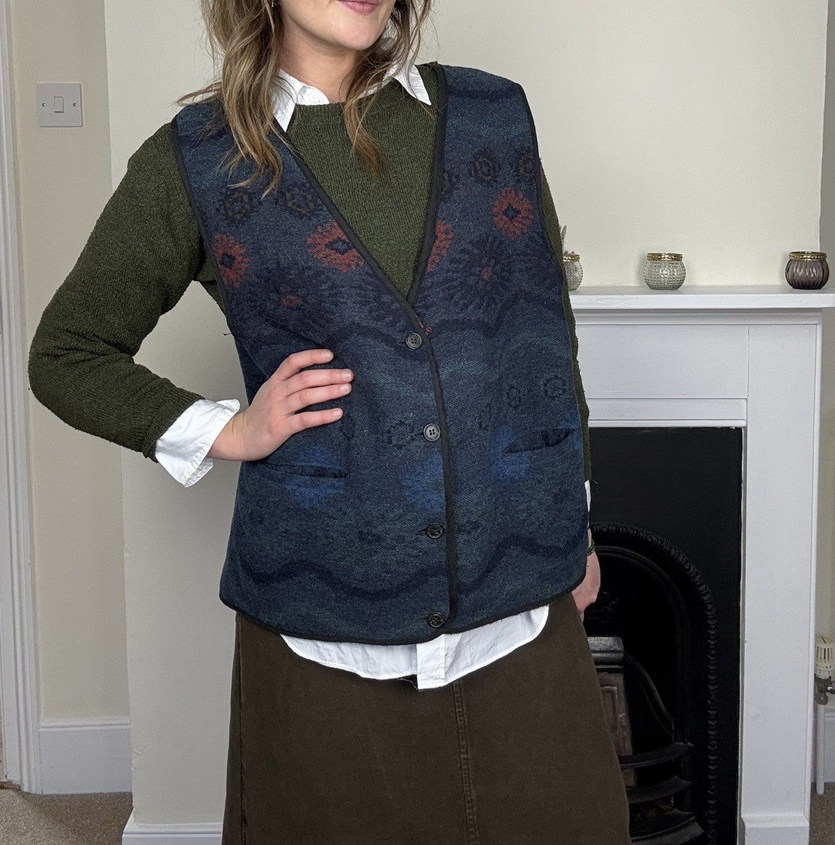 Vintage Size XL 14-18 Navy Boho Patterned Wool Blend Waistcoat Pionier