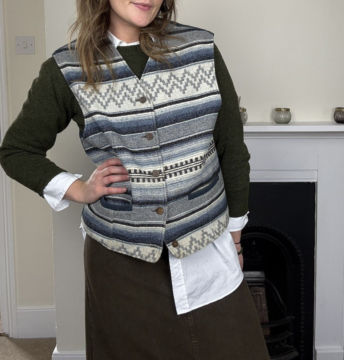 Vintage Size L 12-14 Blue Boho Patterned Knit Vest Waistcoat Incor