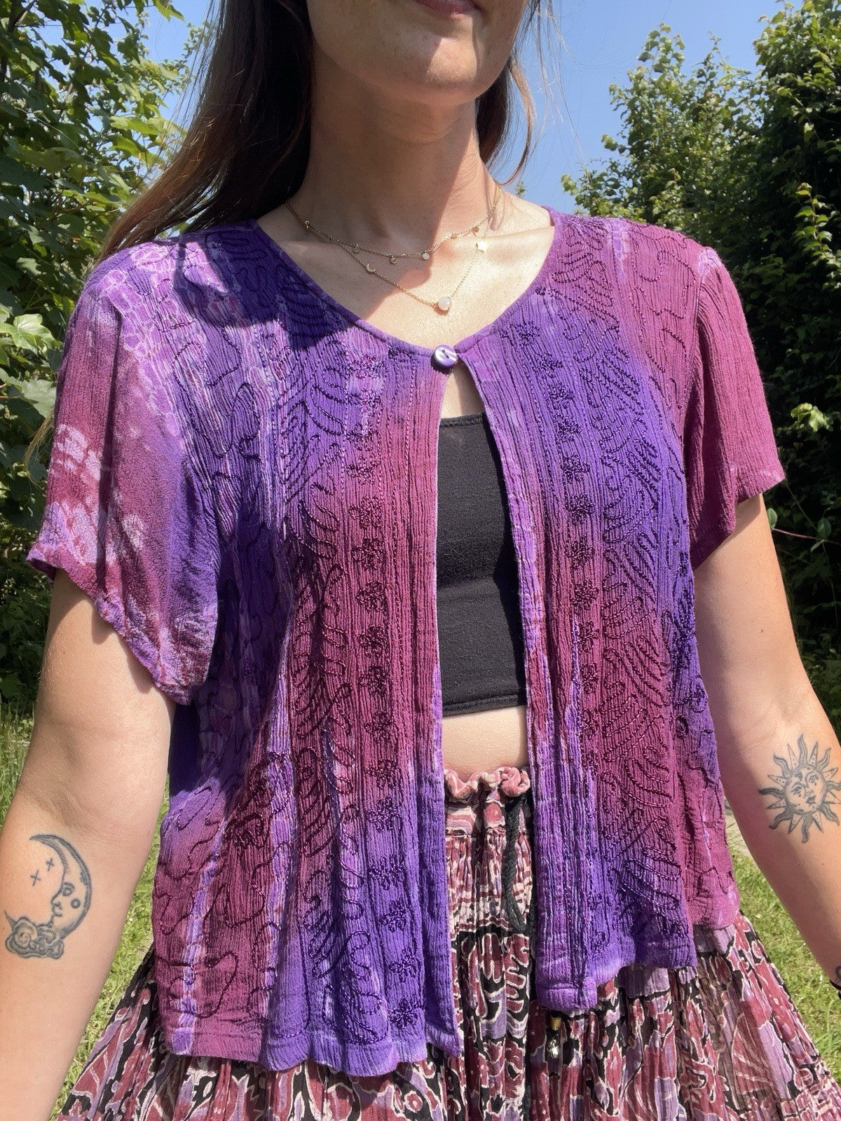 Vintage Free Size 6-18 Purple Tie Dye Embroidered Boho Bolero Blouse Zoroaster