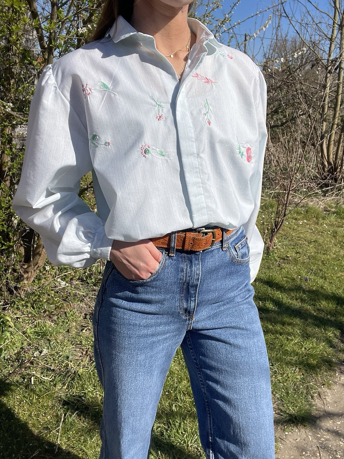 Vintage Size L 12-14 Light Blue Flower Embroidered Blouse Shirt Gianell