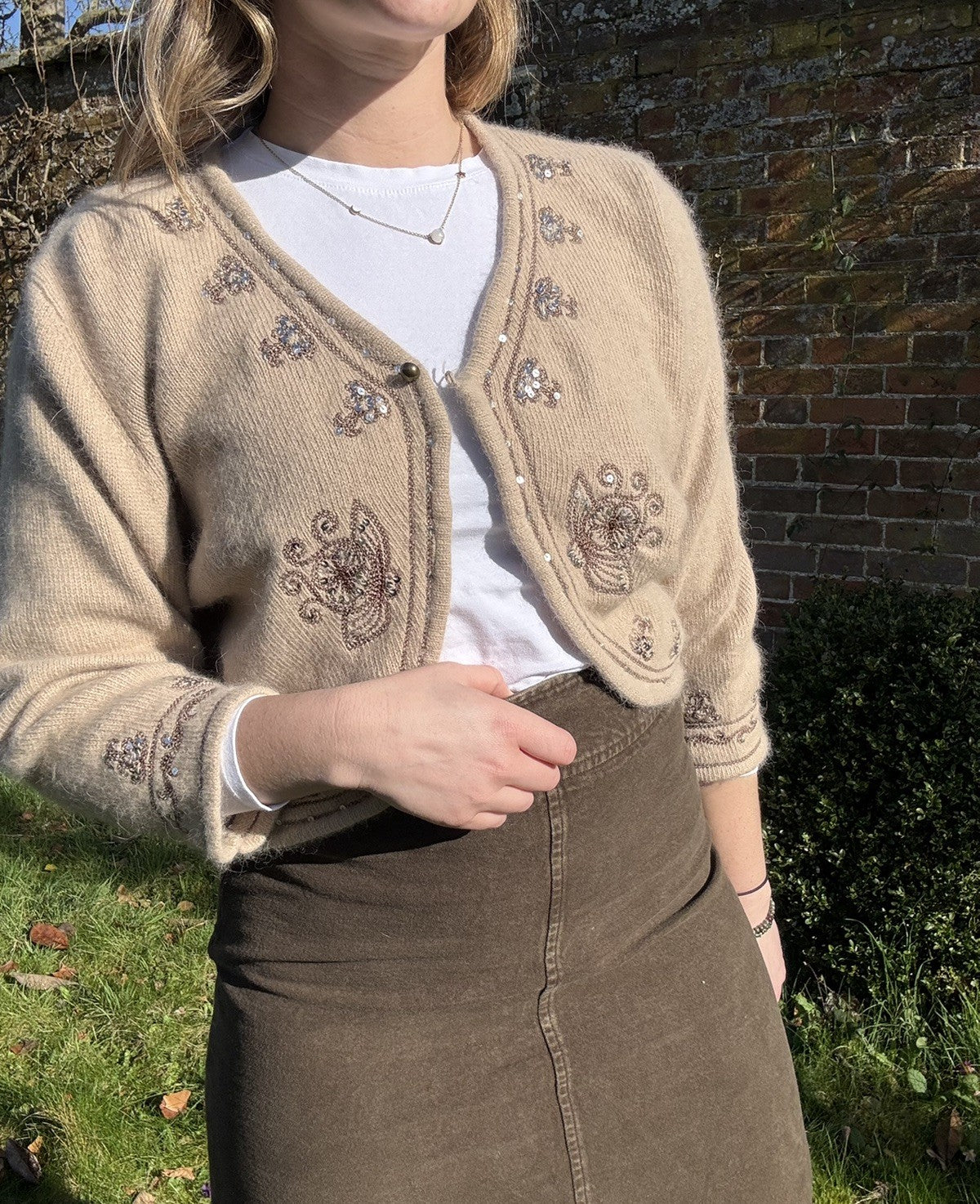 Vintage Size S 6-10 Biscuit Brown Angora Blend Embroidered Bolero Cardigan