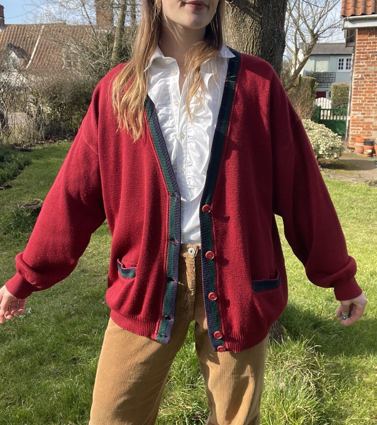 Vintage Size L 12-16 Red Preppy Slouchy Grandad Knit Cardigan