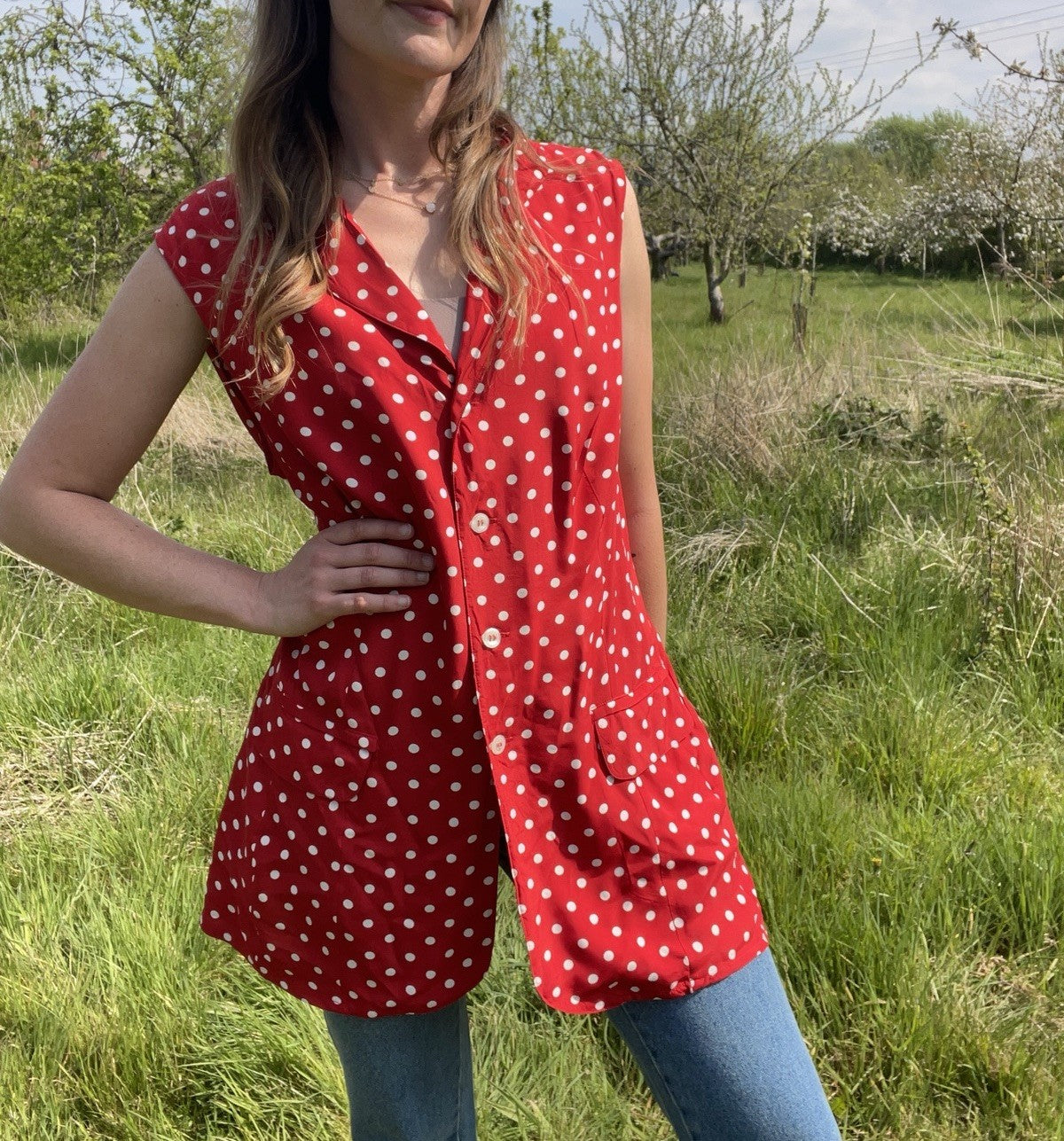 Vintage Size L 12-16 Red Polka Dot Tie Waist Waistcoat Sleeveless Top