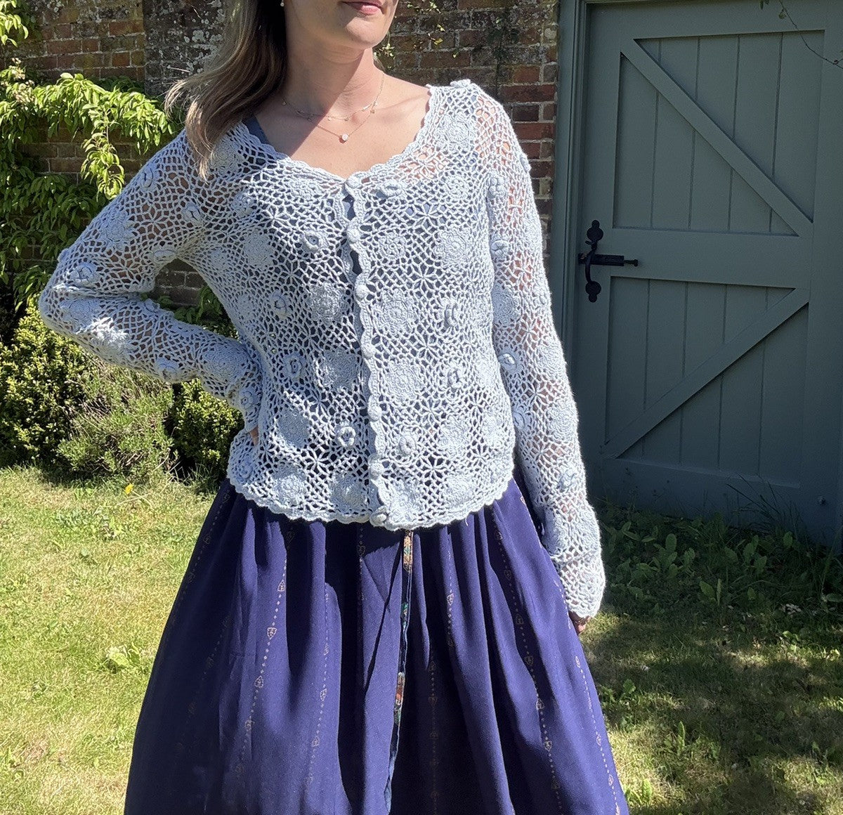 Vintage Size L 12-16 Baby Blue Flower Crochet Cotton Knit Cardigan Laura Ashley