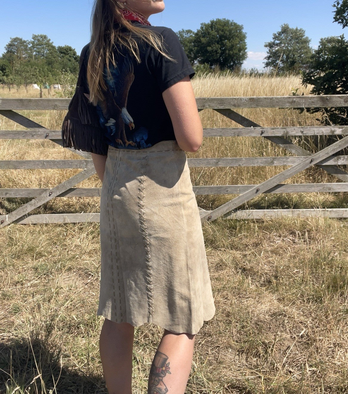 Vintage Y2K Size S 8-10 W29 Cream Suede Boho Western Midi Skirt Morgan De Toi