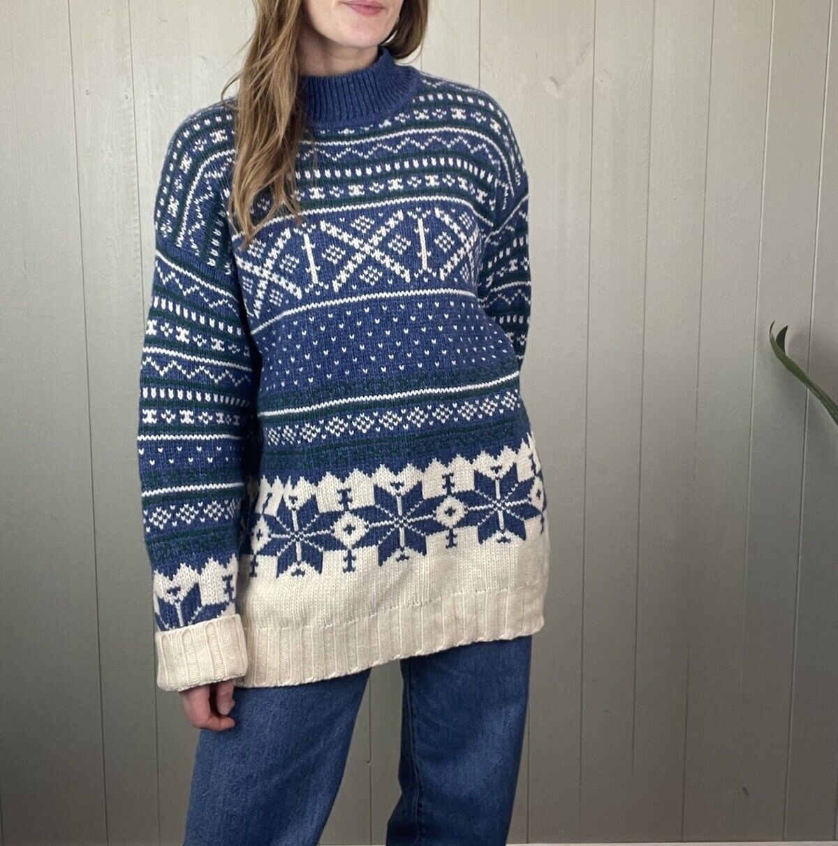 Vintage Size XL 12-16 Blue Fairisle 100% Wool Chunky Knit Jumper Esprit