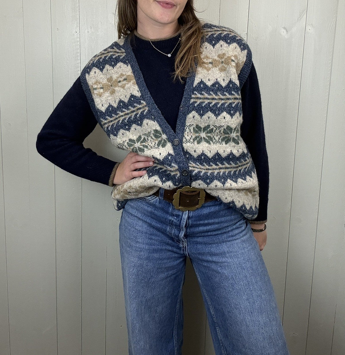 Vintage Size XL 12-18 Blue Pure Wool Grandad Knit Vest Waistcoat Green Leaves