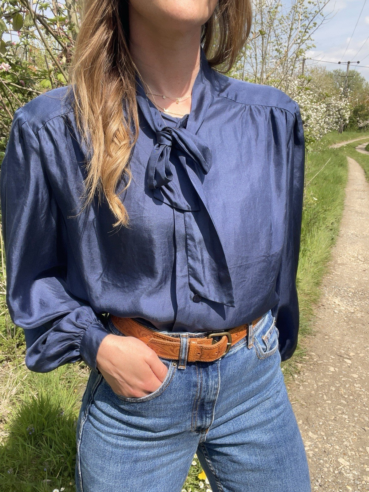 Vintage Size L 12-16 Navy Satin Pussybow Tie Neck Blouse