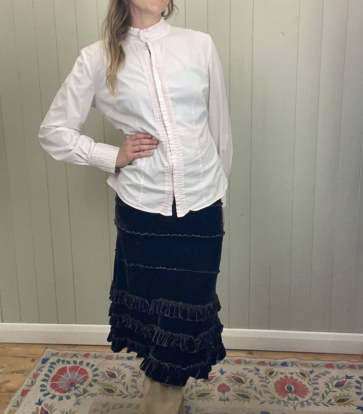 Vintage Size S 6-10 Light Pink Ruffle Mock Neck Cotton Blouse Shirt Edina Ronay