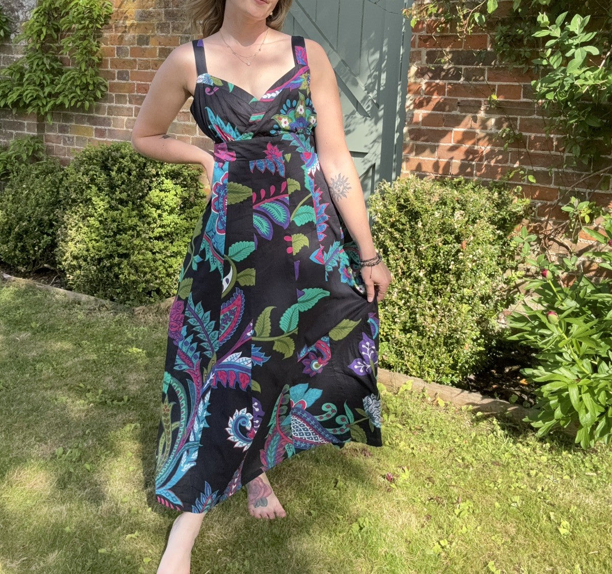 Vintage Size 14 Black Boho Floral Cotton Summer Midi Dress Pomodoro