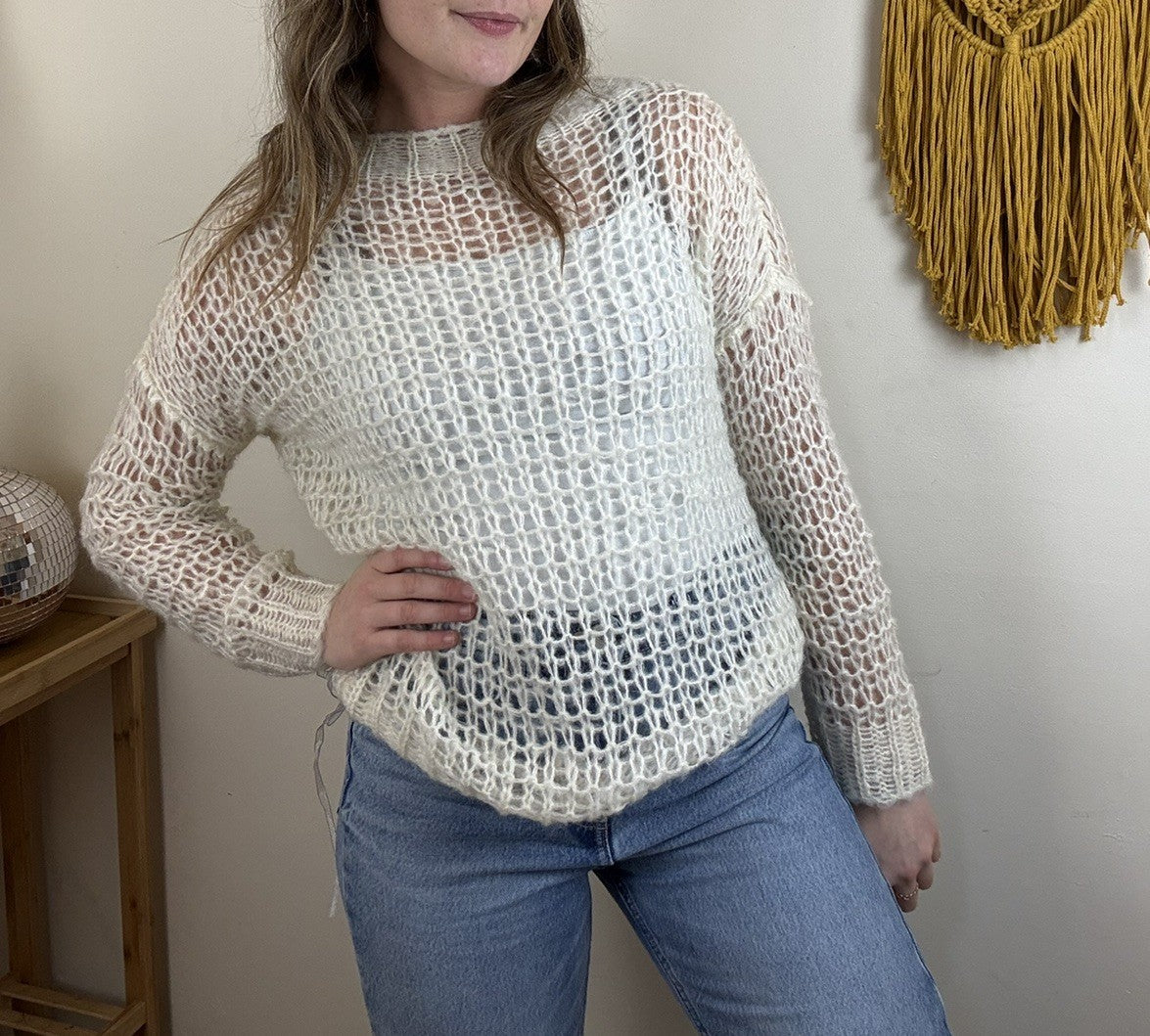 Vintage Handmade Free Size 6-18 Cream Loose Weave Mohair Knit Jumper