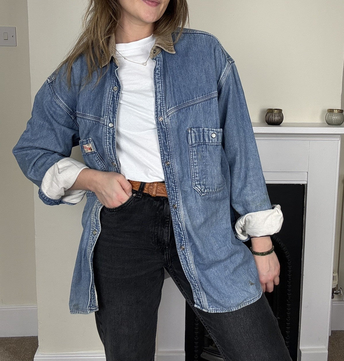 Vintage Size L  8-16 Blue Denim Western Worker Shirt Mustang