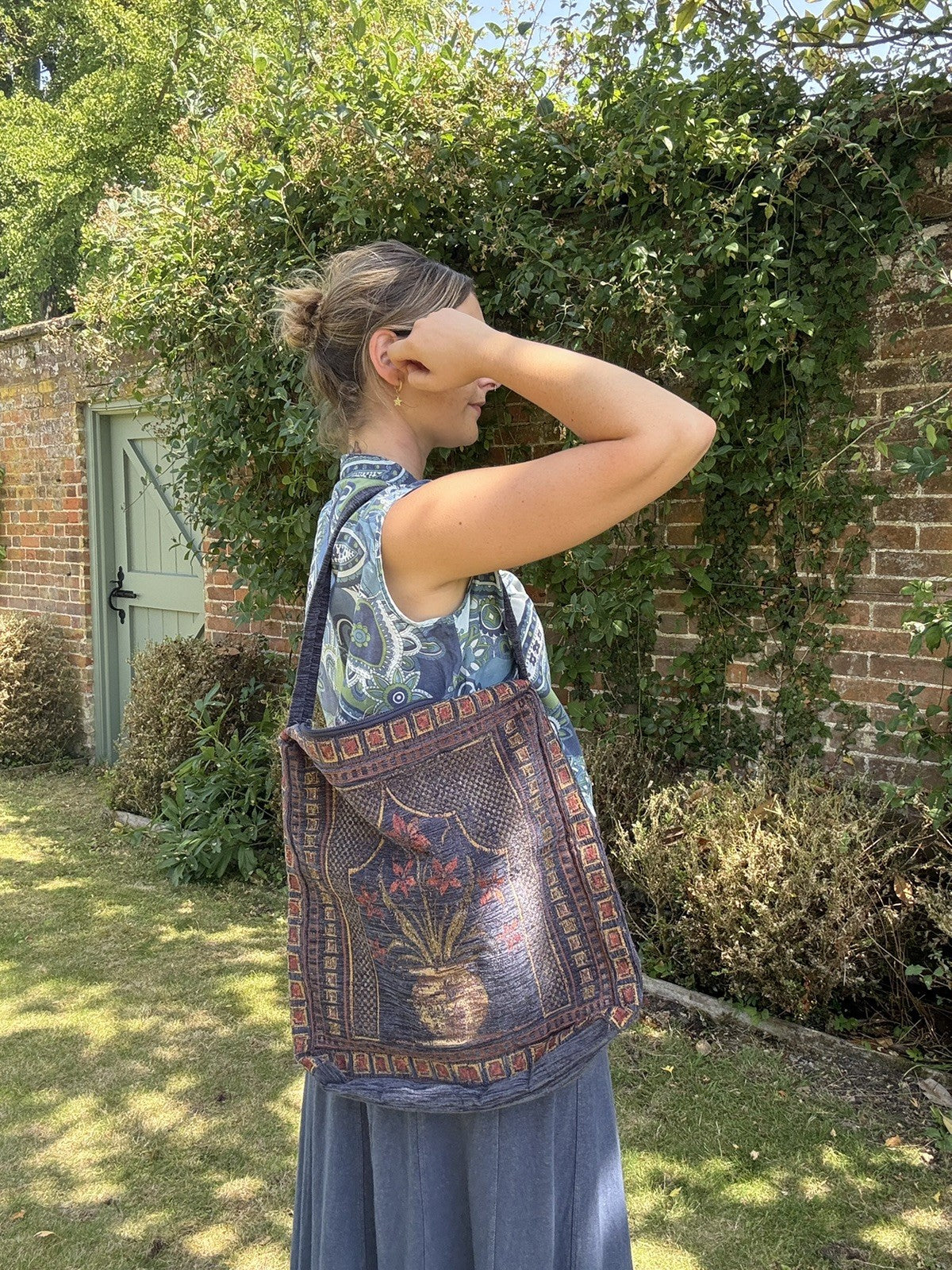 Reworked Vintage Navy Tapestry Carpet Cushion Bag