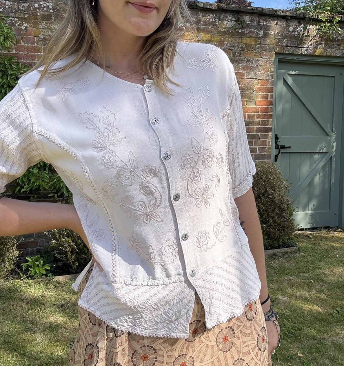 Vintage Size M 8-12 Cream Ecru Boho Embroidered Short Sleeve Top RAPP