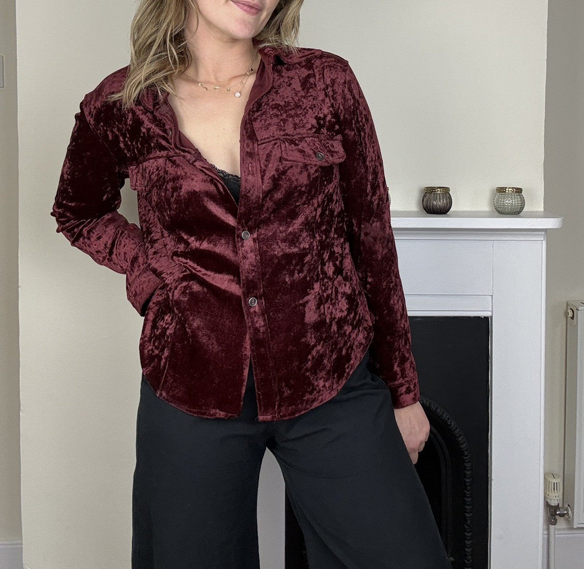 Vintage Size L 12-14 Burgundy Witchy Velour Velvet Stretch Shirt Valentinas