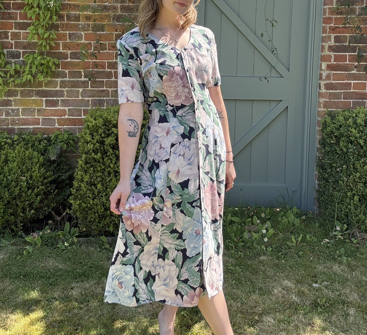 Vintage 80s Size M 8-12 Black Floral Button Front Midi Tea Dress Etam