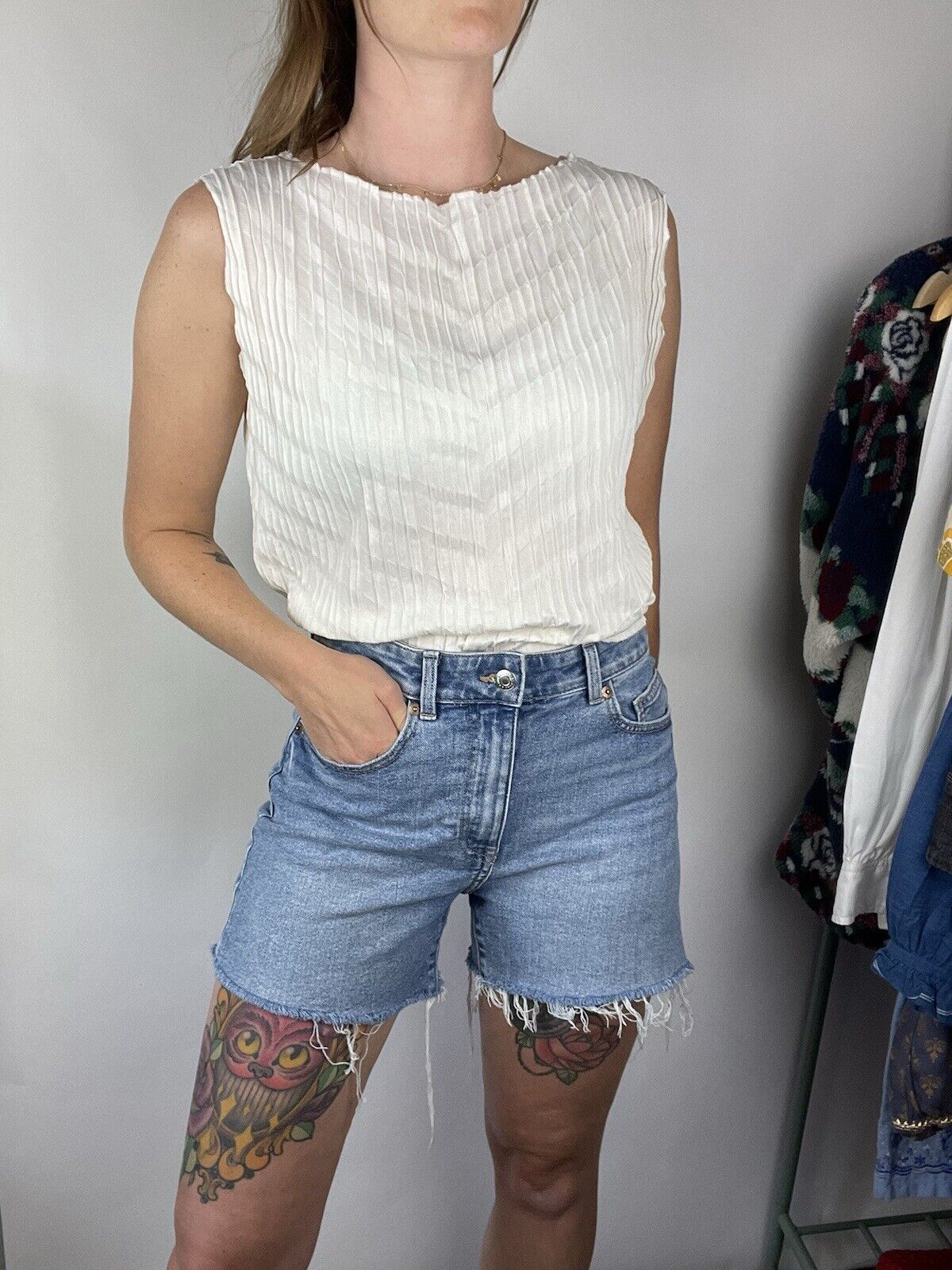 Vintage 00s Size M 10-14 Cream Sleeveless Crinkle Summer Top M&S