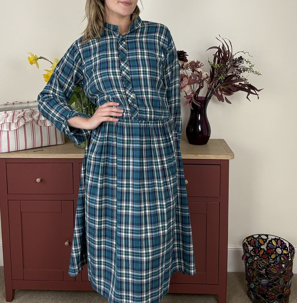 Vintage Size 14 Green Check Button Front Midi Dress St Michael