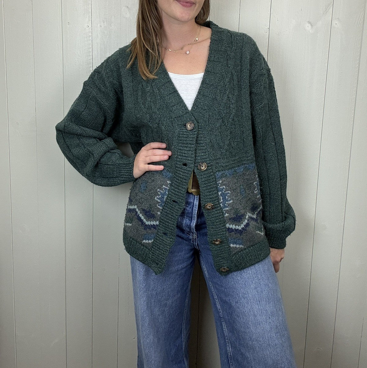 Vintage Size L 8-16 Dark Green Patterned Alpaca Blend Grandad Cardigan