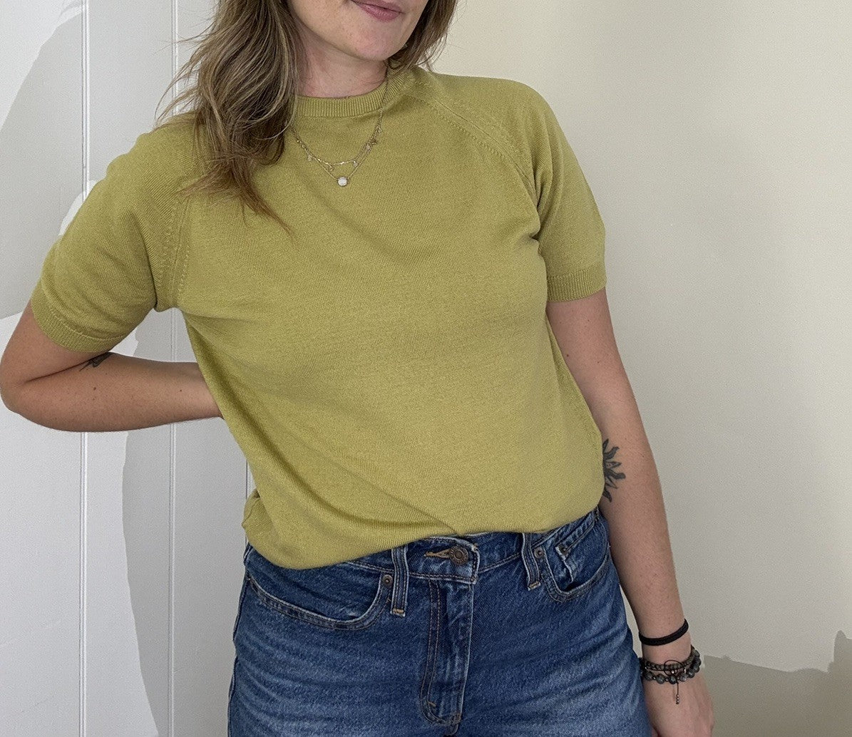 Vintage 60s Size M 12-16 Mustard Pure Wool Fine Knit Short Sleeve Jumper Morley