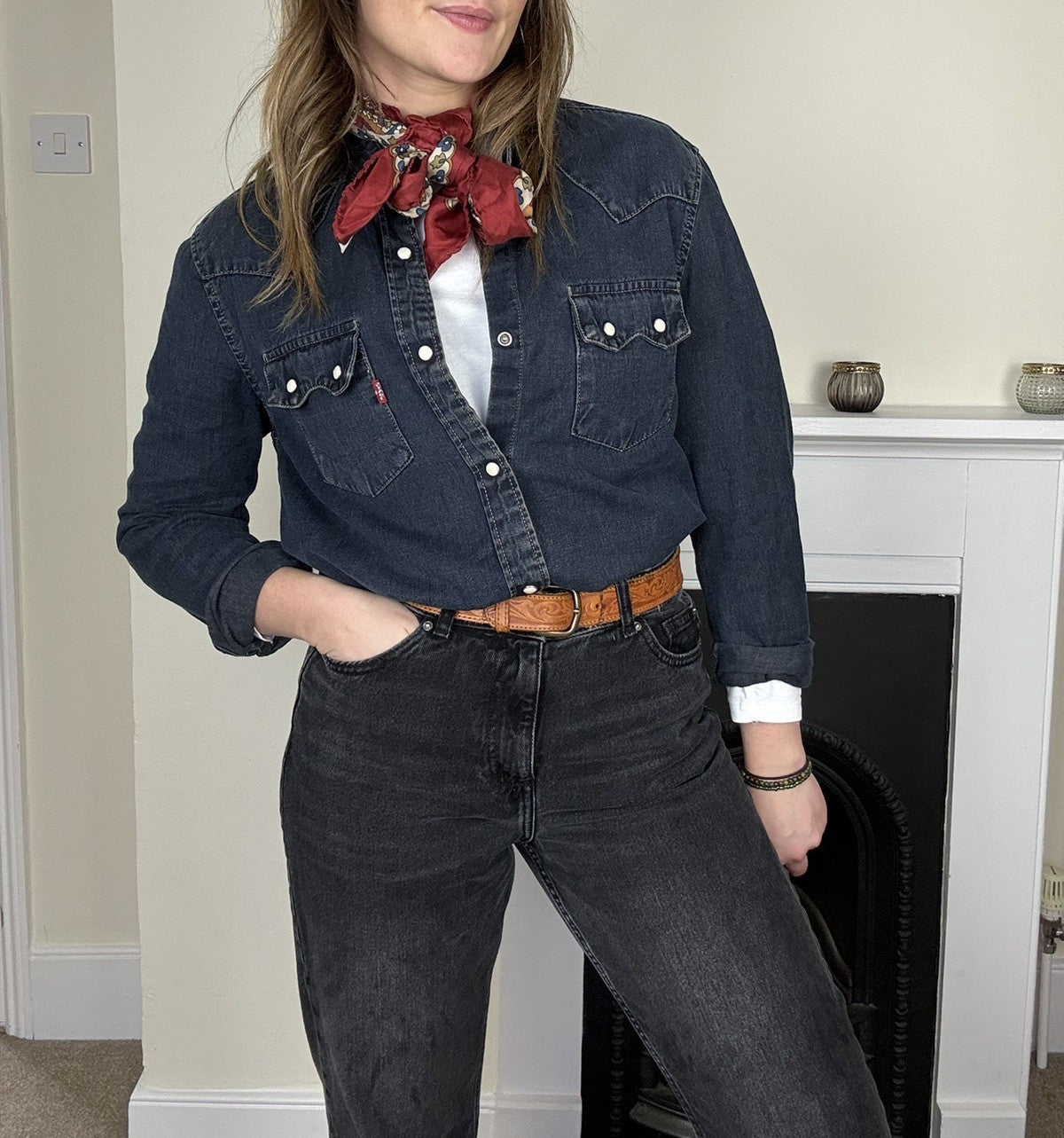 Vintage Size S 6-10 Indigo Blue Collarless Western Denim Levi's Red Tab Shirt