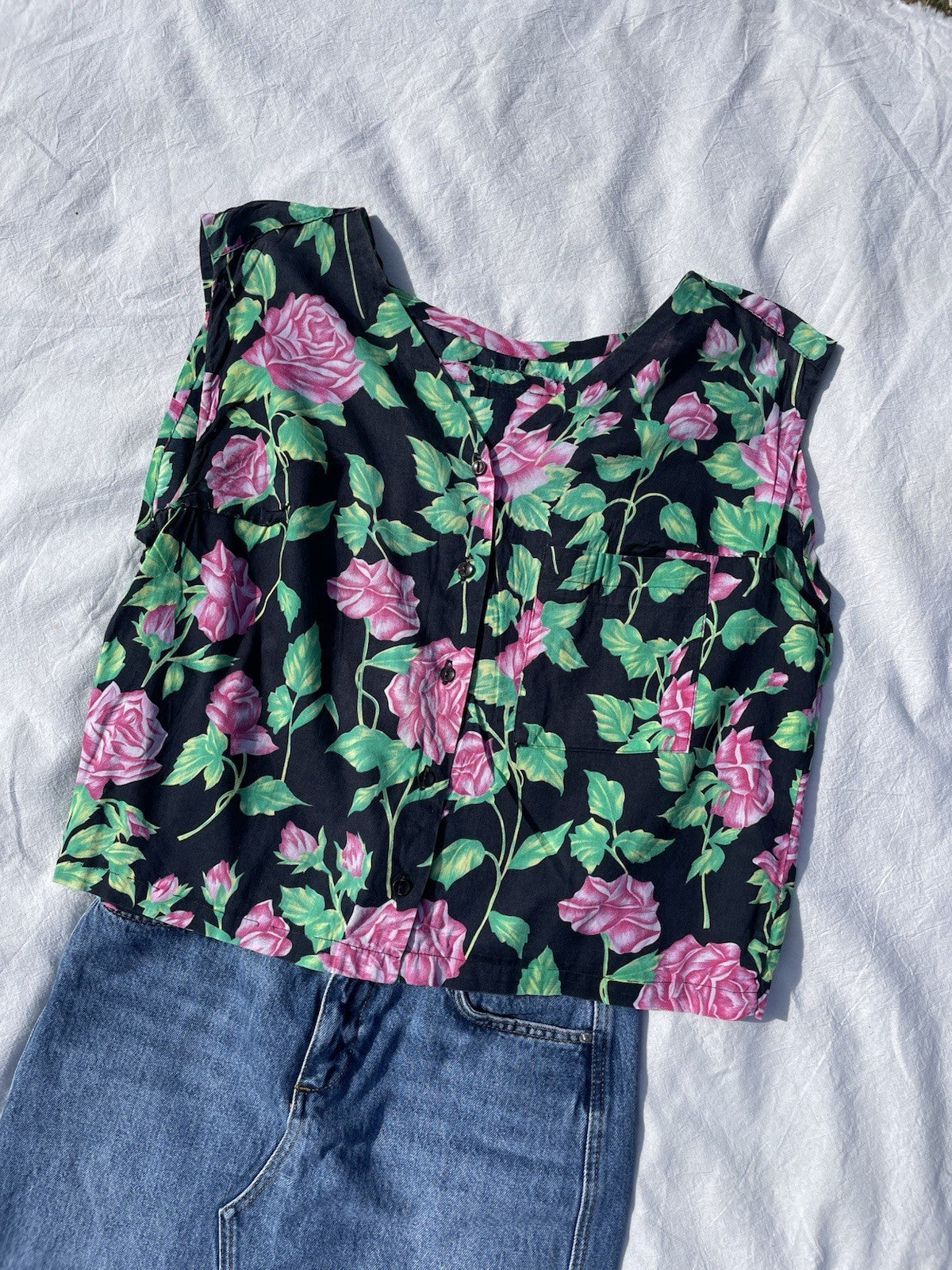 Vintage Handmade Size L 12-14 Black Pink Flower Patterned Sleeveless Top