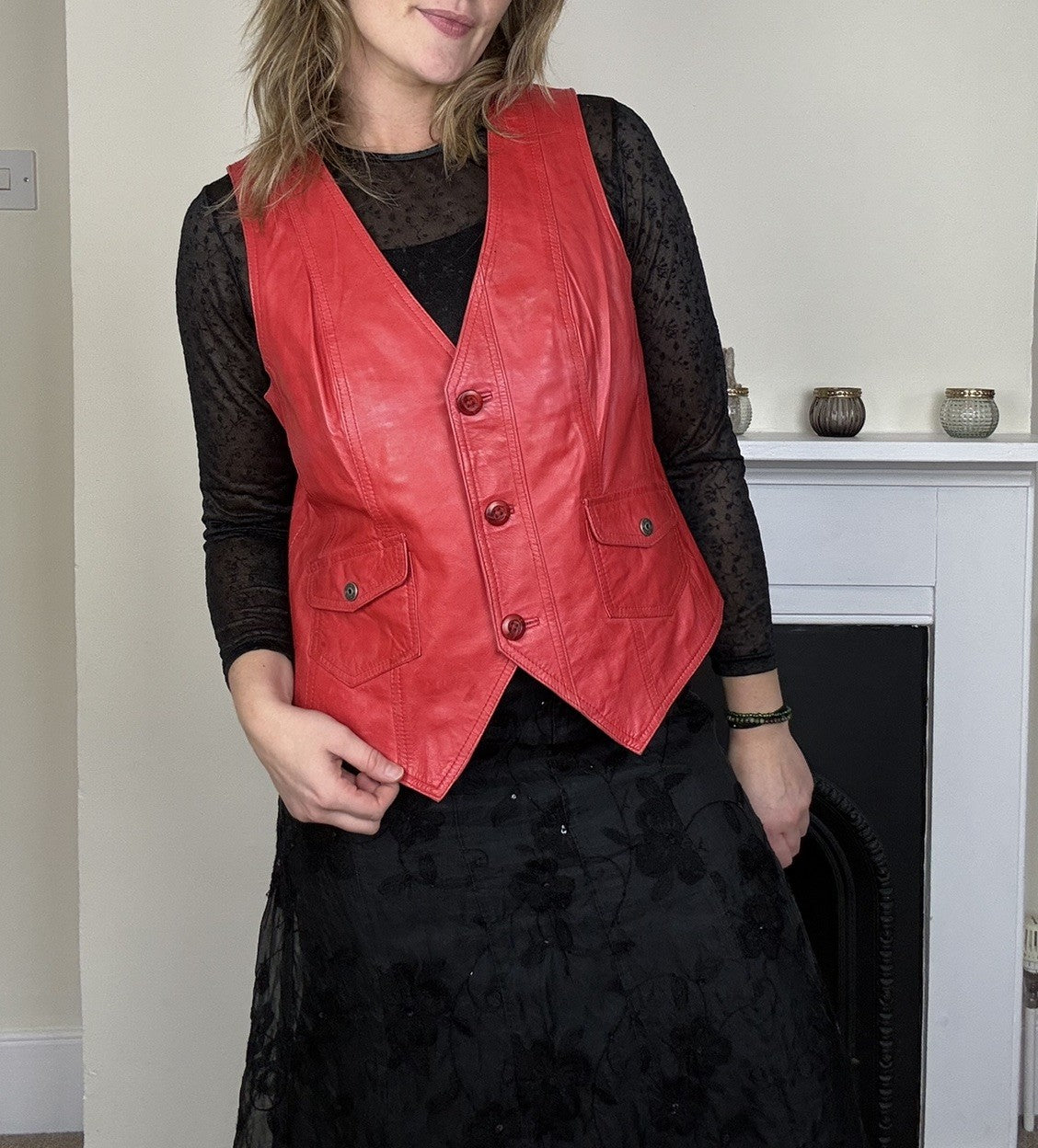 Vintage Size S 8-10 Red Leather Button Front Waistcoat Julia F Roma