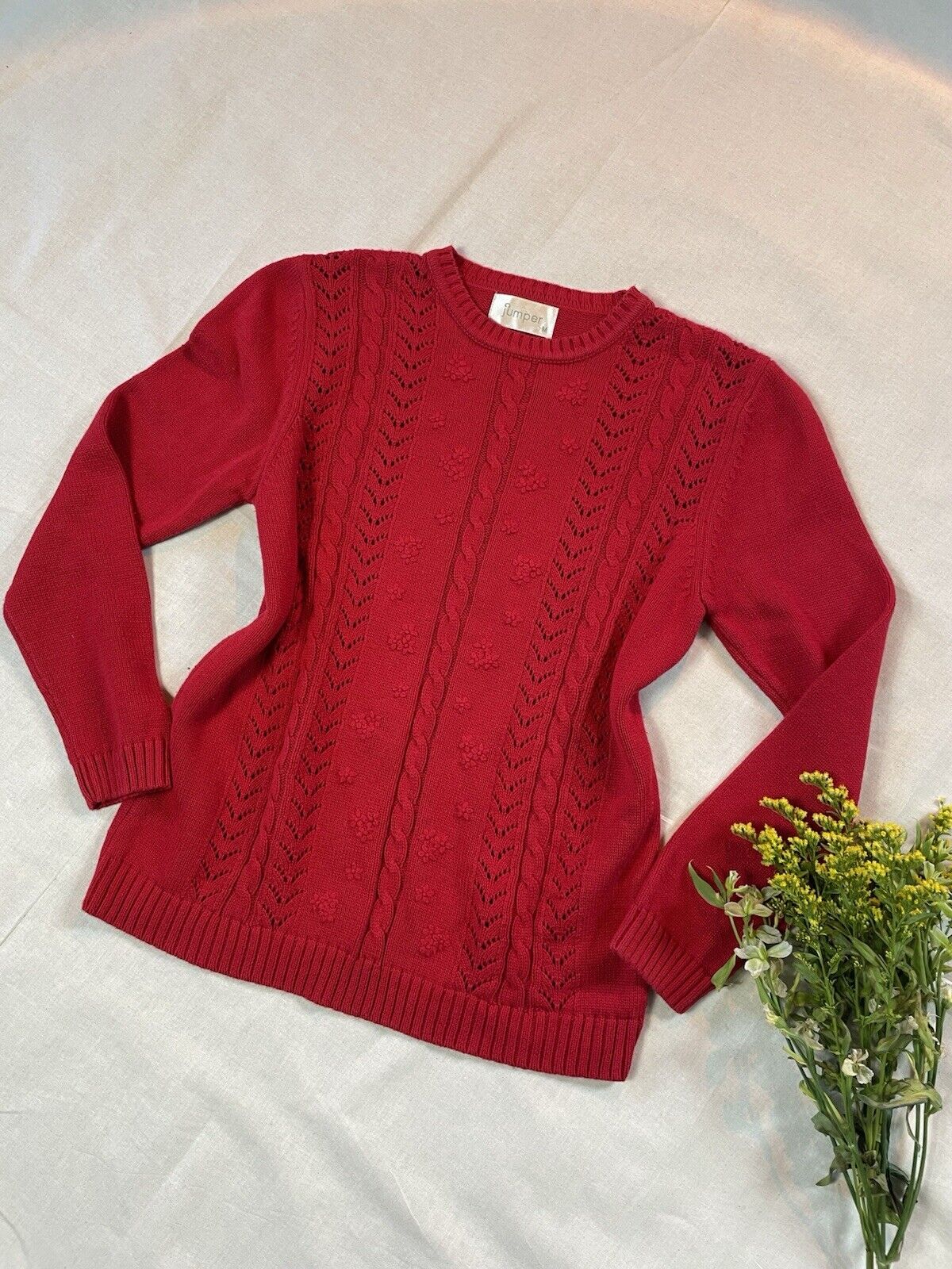 Size M 8-12 Red 100% Cotton Flower Patterned Knit Jumper