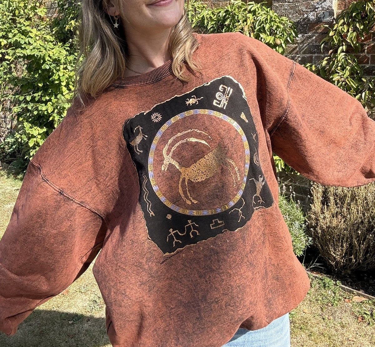 Vintage Size XL 14-22 Rust Boho Hippy Celestial Print Sweatshirt Jumper
