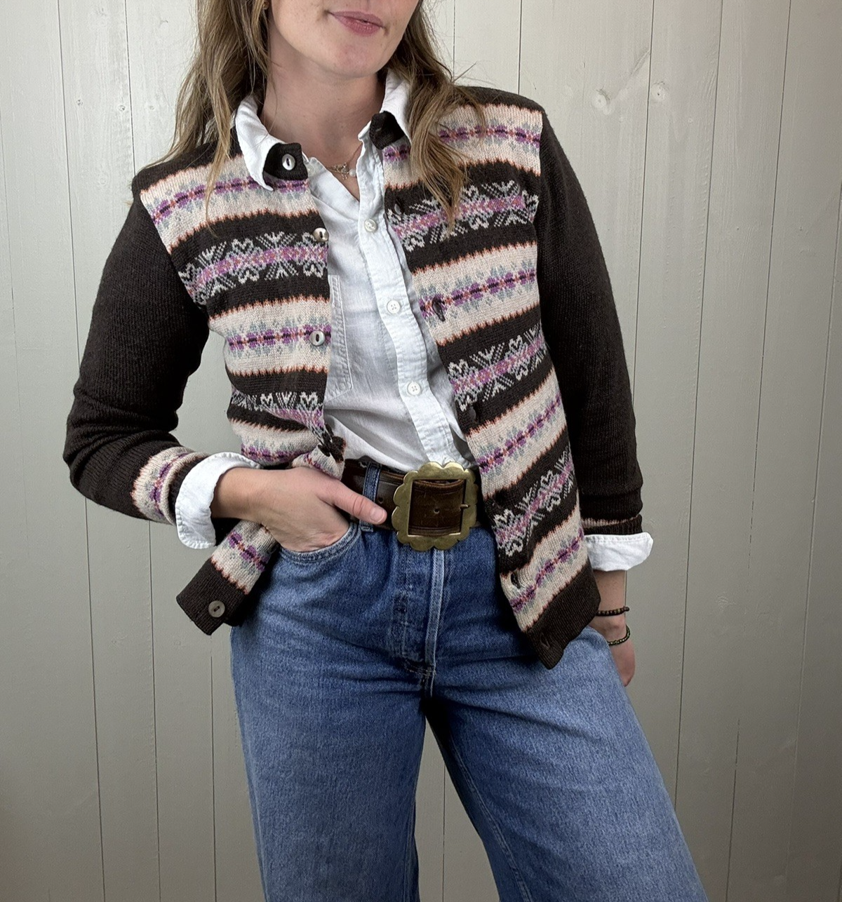 Vintage Size XS 6-8/10 Brown 100% Wool Patterned Fine Knit Cardigan Toast