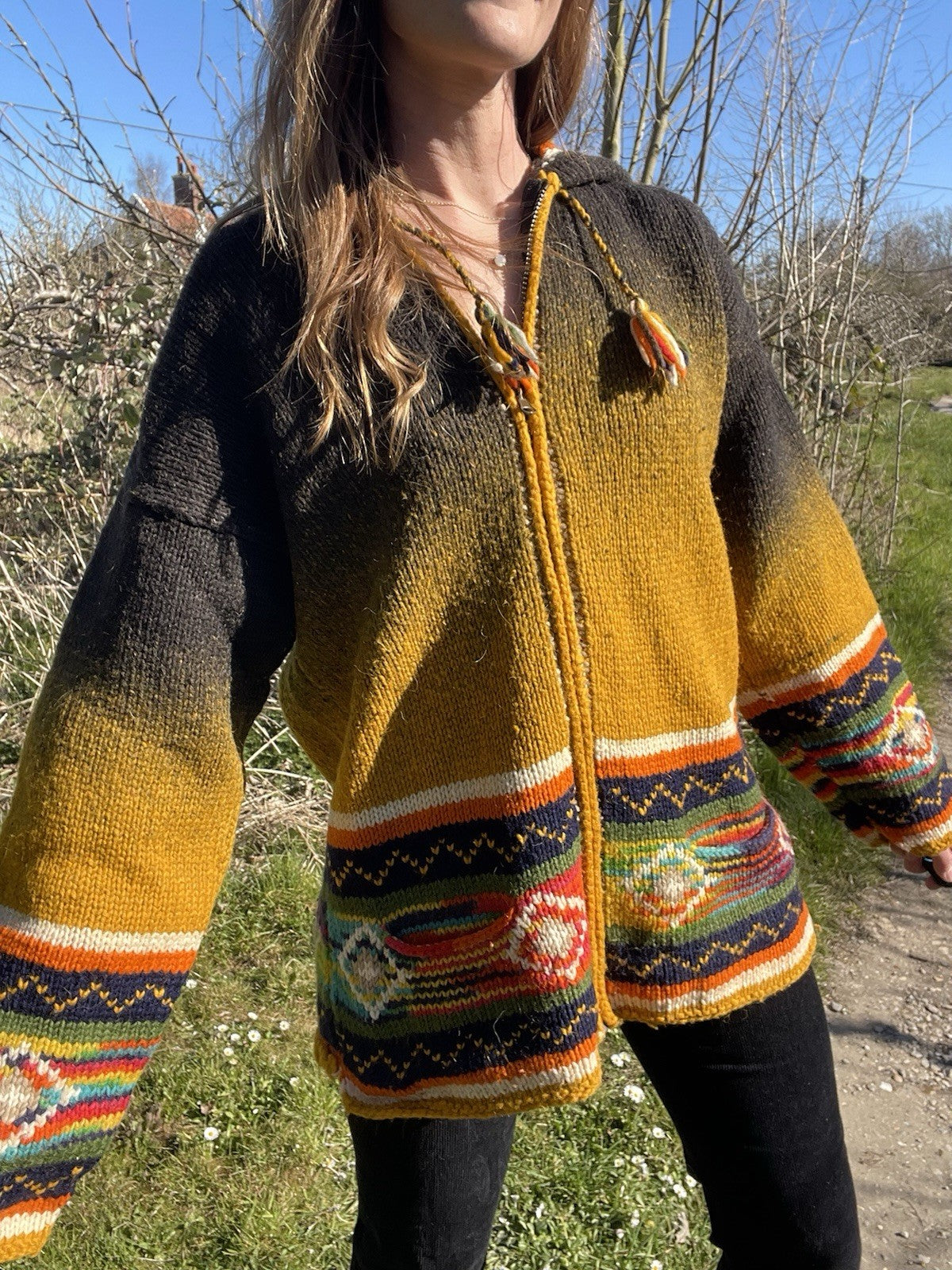 Vintage Free Size 6-16 Boho Hippy Aztec Chunky Knit Full Zip Cardigan