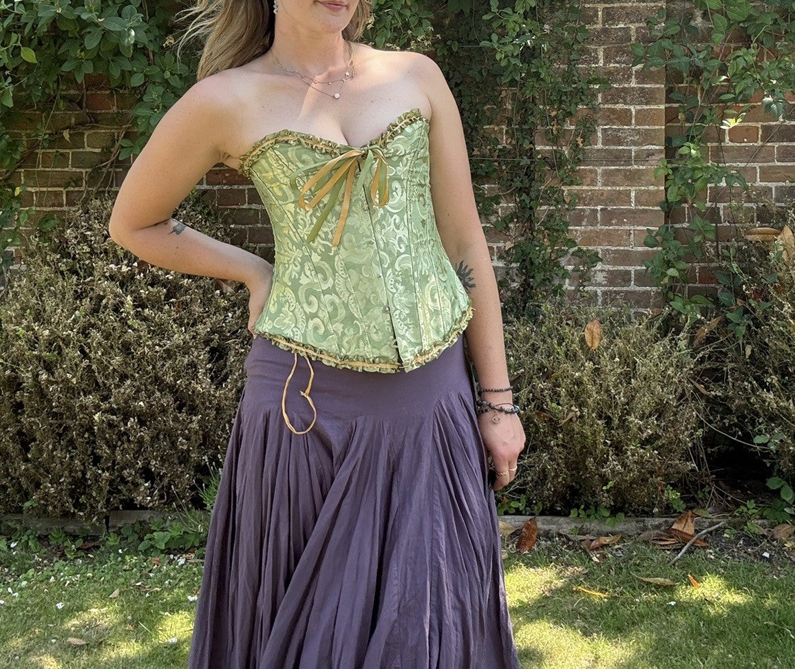 Vintage Y2K XS 6-8 Green Brocade Fairy Lace Up Corset Top