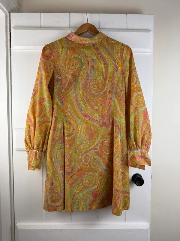 Vintage 60s Size S 8-10 Orange & pink psychedelic swirl patterned dress