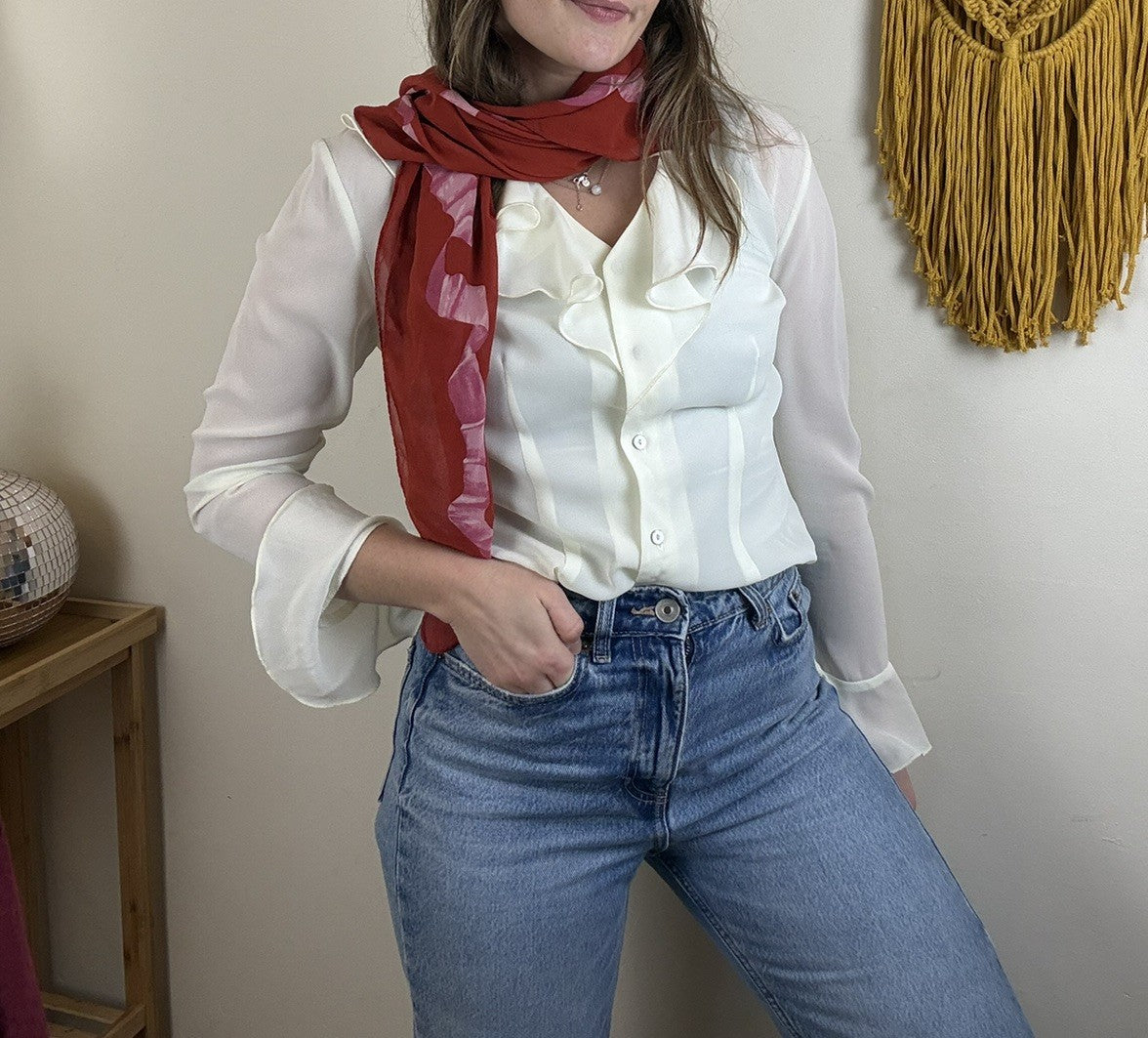 Vintage Size S 6-10 Cream Ruffle Neck Button Front Blouse BHS