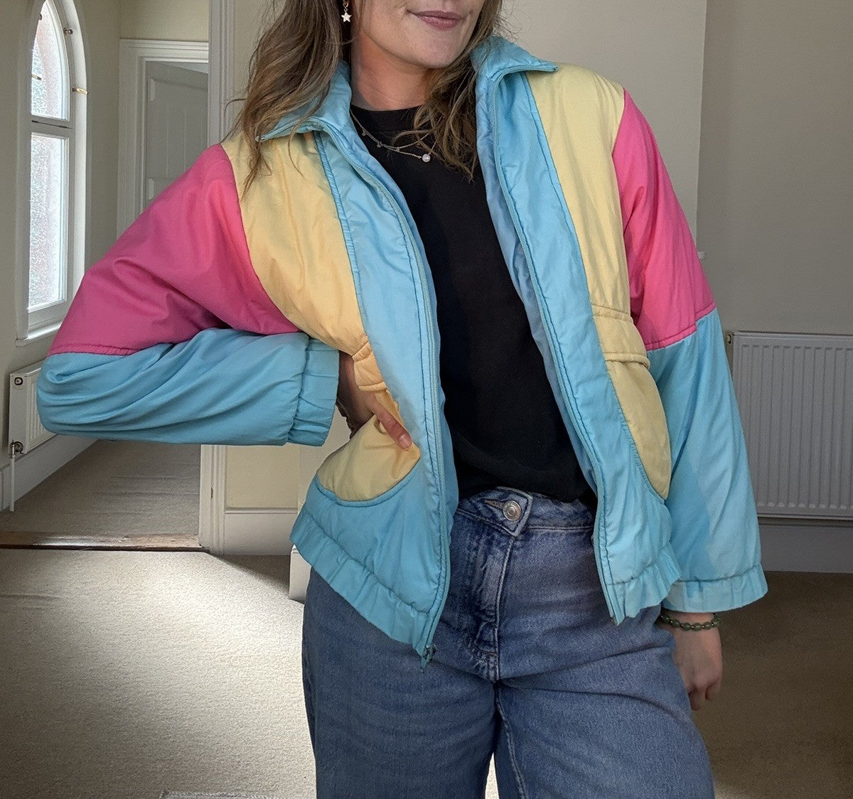 Vintage 80s Size XS 6 & 8 Blue Colourblock Padded Jacket by Astor Junior