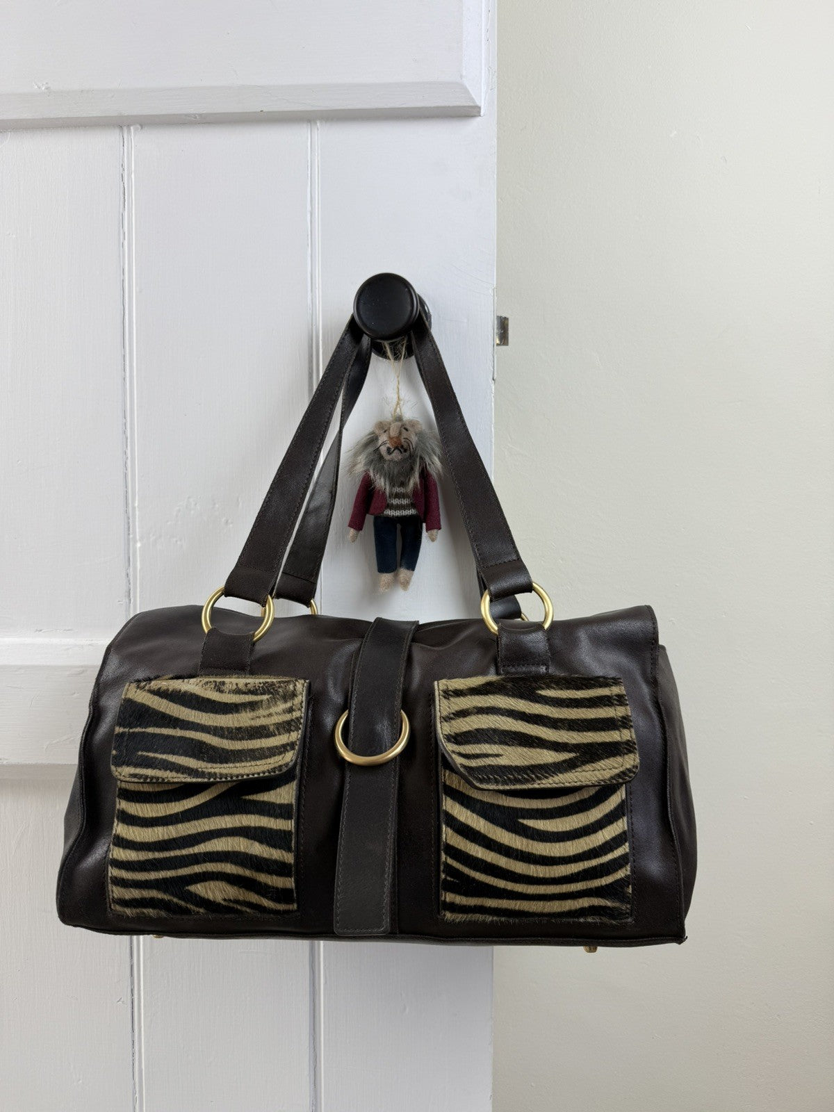 Vintage Dark Brown Animal Print Genuine Leather Shoulder Bag Furla