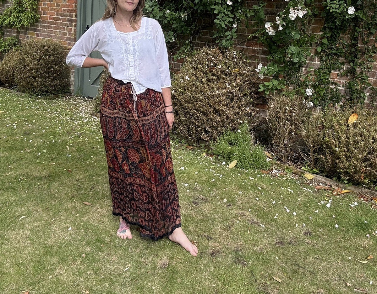 Vintage Free Size 8-20 Deep Paisley Indian Viscose Midi Skirt Giorgio Kauten