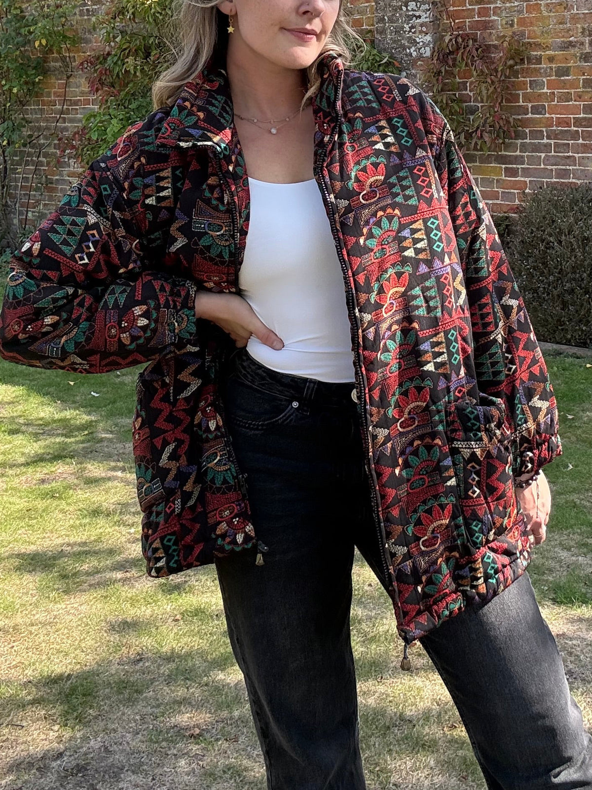 Vintage Size L 12-16 Black Boho Padded Coat/Jacket